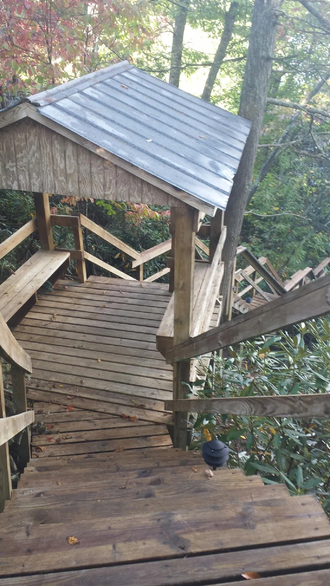 Metal roofed shelter over wooden steps on a wooded walkway — Skylight Repair & Installation work by our crew in Blue Mounds
